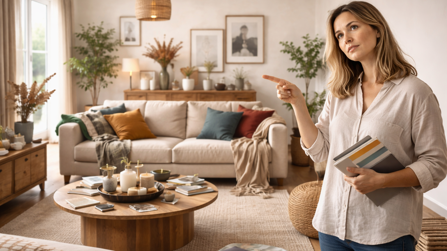 décoratrice d’intérieur analysant la décoration d’un salon pour corriger les erreurs d’aménagement
