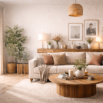 salon harmonieux décoré avec canapé beige bois et plantes illustration conseils décoration intérieur