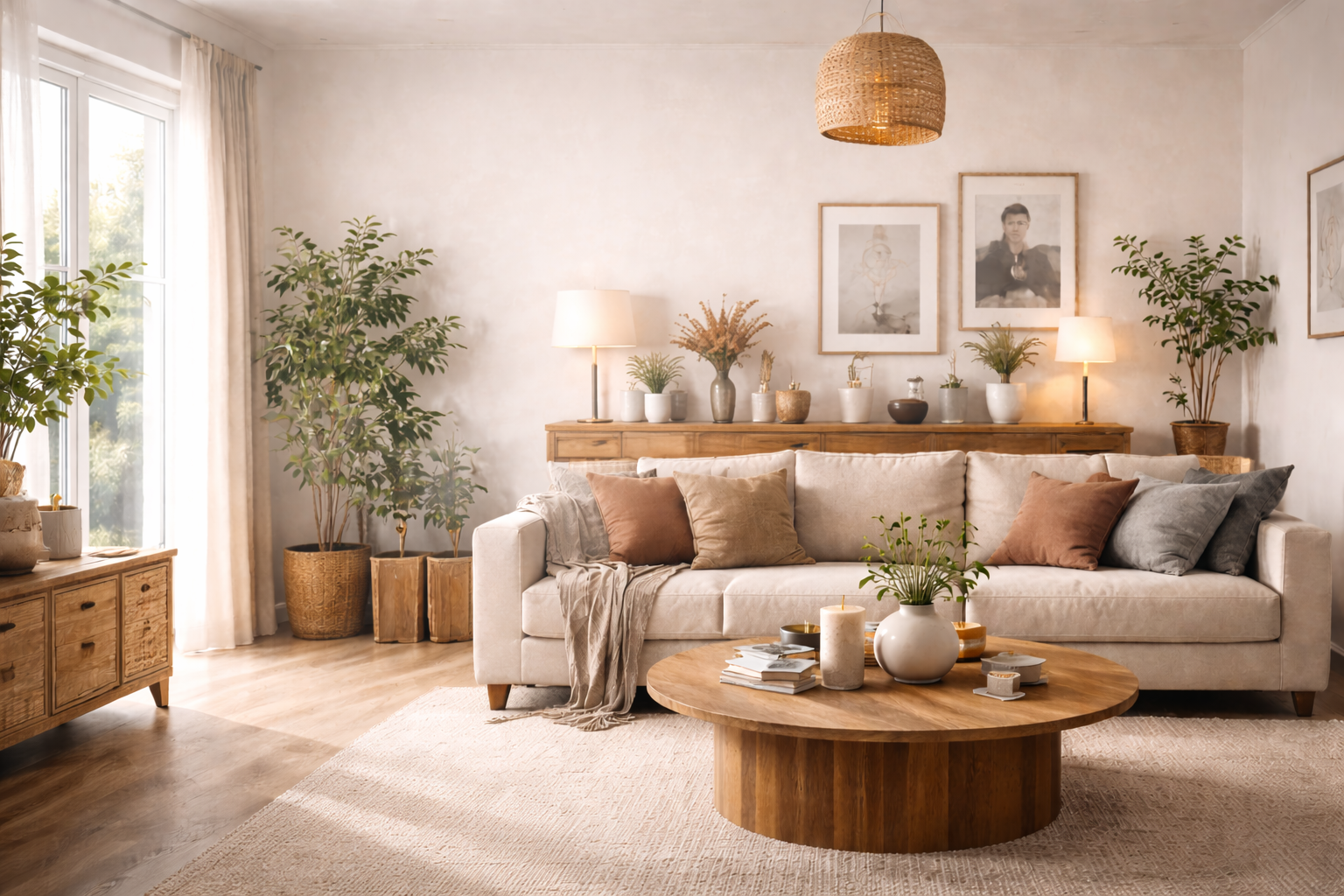 salon harmonieux décoré avec canapé beige bois et plantes illustration conseils décoration intérieur