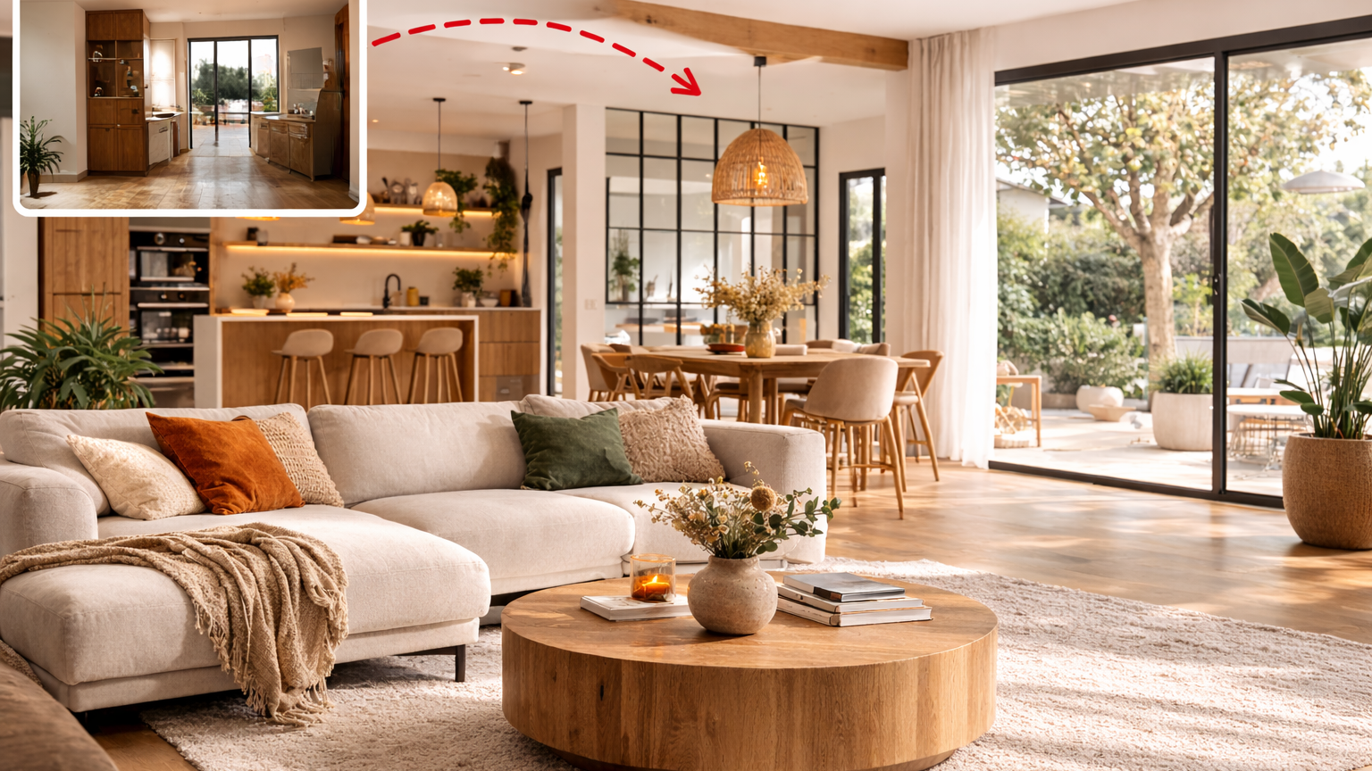 r&eacute;novation d&rsquo;une maison des ann&eacute;es 70 avec cuisine ouverte sur salon lumineux