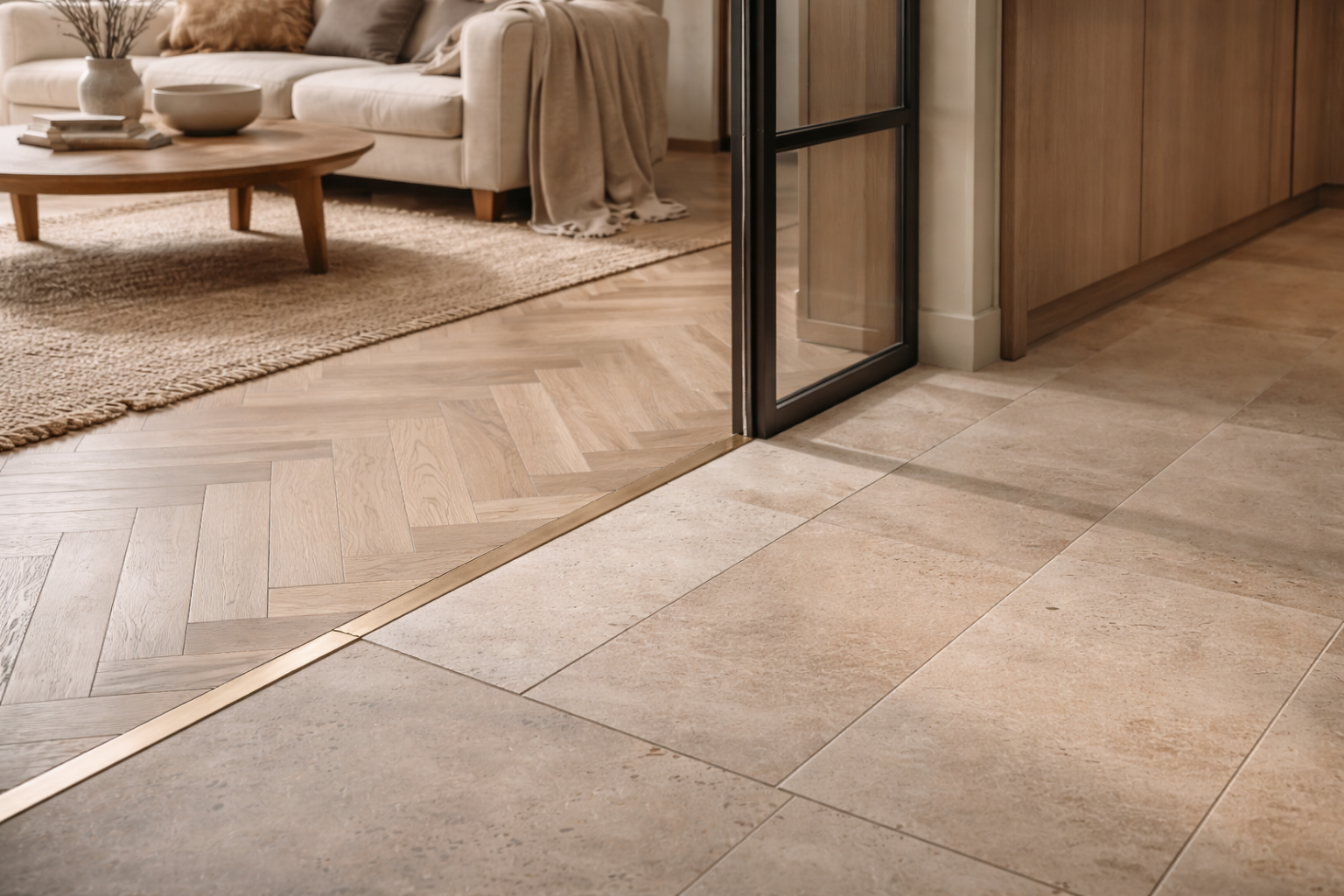 Détail de jonction entre parquet et carrelage travertin dans un projet de rénovation intérieure