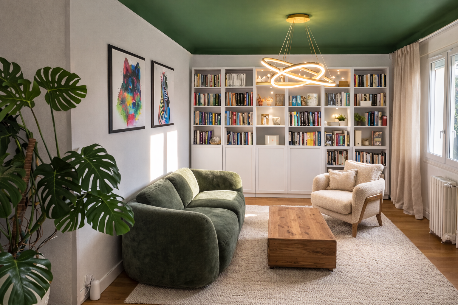 salon vert lustre décoration chaleureuse Yvelines