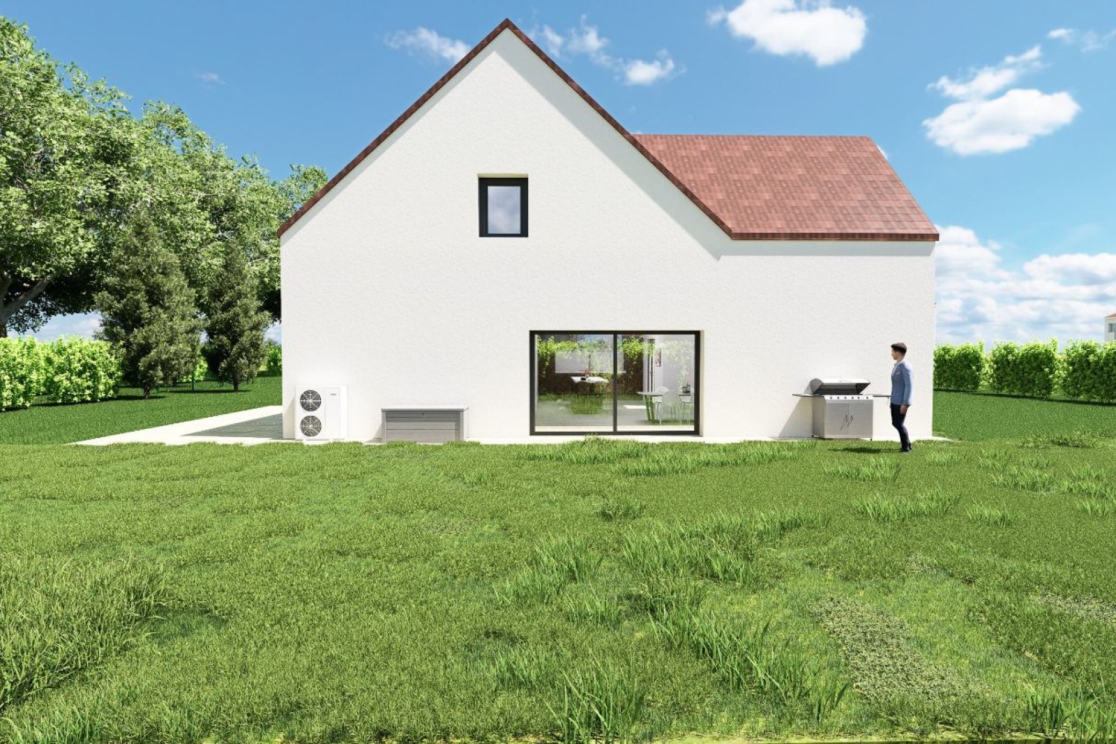 rendu 3D de la façade arrière d'une maison moderne avec jardin et barbecue.
