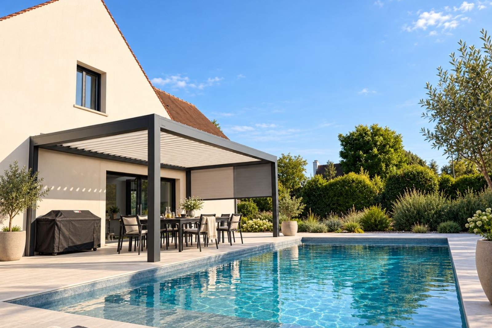Vue d'ensemble d'une maison avec piscine et pergola, sous un ciel bleu.